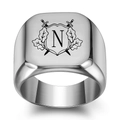 Polished silver signet ring for men featuring an engraved letter N shield crest - Letter N