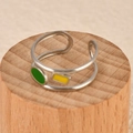 Fashionable adjustable stainless steel ring with green and yellow enamel inlay - Yellow Green Round Square Style (k-24)