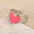 Minimalist stainless steel open ring with pink enamel heart on white stone - Big Heart Pink Style (k-21)