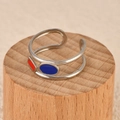 Modern double-layer open ring with red and blue enamel inlays on silver-tone metal - Red Blue Round Square Style (k-24)