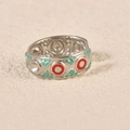 Vintage stainless steel open ring with colorful enamel inlay and embossed texture details - Ethic Element Red Green Style (k-16)