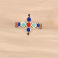 Silver stainless steel open ring with rainbow enamel cross design on beige silk - Circle Cross Red Style (k-18)