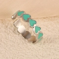 Adjustable silver ring featuring heart-shaped mint green enamel drops for women - Full Circle Heart Green Silver Style (k-13)