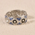 Vintage stainless steel open ring with blue enamel geometric pattern in retro ethnic style - Ethic Element Blue Black Style (k-16)