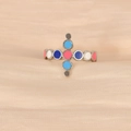 Silver stainless steel cross ring with colorful rainbow enamel dots on silk background - Circle Cross Pink Style (k-18)