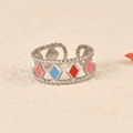 Adjustable silver-tone stainless steel ring with colorful enamel diamond patterns - Rhombus Hollow Silver Style (k-10)
