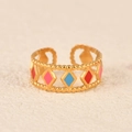 Adjustable gold plated stainless steel ring with colorful diamond pattern enamel inlay - Rhombus Hollow Gold Style (k-10)