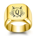 Gold stainless steel signet ring with crossed swords heraldry and letter Q engraving - Letter Q