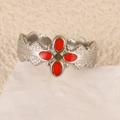 Elegant stainless steel open ring with red oil-drop floral design and wave edges - Princess Ring Red Style (k-19)