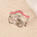 Adjustable silver wavy stainless steel ring with elegant pink enamel inlay for women - Wave Pattern Pink Silver Style (k-17)