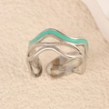 Irregular wavy stainless steel open ring with green enamel detail for women - Wave Pattern Green Silver Style (k-17)