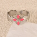 Elegant silver-toned stainless steel open ring with pink enamel flower on stone base - Princess Ring Pink Style (k-19)