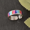 Adjustable silver stainless steel open ring with artistic colorful striped enamel inlay - Colorful Stripes Silver Style (k-48)
