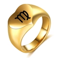 Anillo de sello corazón dorado pulido con símbolo del zodiaco Virgo negro grabado - Talla 6 / Virgo / Dorado