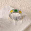 Minimalist stainless steel open ring with alternating green and yellow enamel heart patterns - Full Circle Heart Yellow Green Style (k-43)