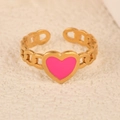 Pink enamel heart ring with gold-plated chain link texture and open adjustable band - Small Heart Pink Gold Style (k-22)