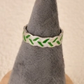 Silver stainless steel ring with green enamel leaf pattern on grey cone stand - Small Stripes Green Style (k-23)