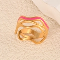 Minimalist wavy multi-layer stainless steel ring with pink enamel in gold finish - Wave Pattern Pink Gold Style (k-17)