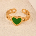 Gold plated open chain ring with green enamel heart center and adjustable band - Small Heart Green Gold Style (k-22)