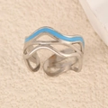 Silver open ring with light blue enamel wave design and zircon detail for women - Wave Pattern Blue Silver Style (k-17)