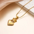 Golden heart necklace with crown detail and letter T charm in sparkling pavé finish - Letter I