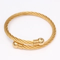 Adjustable gold stainless steel cable twisted wire bangle with two polished bead ends - Gold