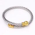 Silver twisted steel cable bangle with gold ball ends in an adjustable open cuff design - Silver Wire With Gold Ends