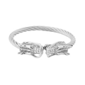 Silver stainless steel cable wire bracelet featuring intricately carved double dragon heads - Steel