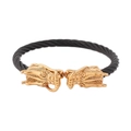 Men's punk C-shaped black steel cable bracelet with dual golden dragon heads - Black & Gold