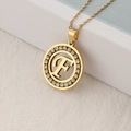 Gold stainless steel necklace with round 'F' letter pendant and sparkling zircon stones - Letter F