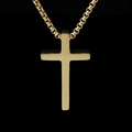 Polierte goldene Edelstahl-Kreuzkette mit robuster Box-Kette auf schwarzem Hintergrund - Kleines Goldenes Kreuz mit Goldkette