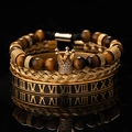 Set de 3 pulseras de lujo para hombre con ojo de tigre, corona y números romanos - Marrón Conjunto