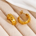 Pendientes de aro vintage en acero oro 18k con motivos de sol luna y estrellas - Pendientes Relieve Sol Luna Estrella / Pendientes Dorados Diamantes Transparentes