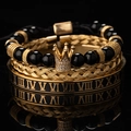 Set de 3 piezas negro y dorado con dije de corona, cuentas y pulsera de números romanos - Conjunto Negro