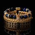 Set de 3 piezas para hombre: cuentas ojo de tigre azul, brazalete corona y números romanos - Azul Conjunto