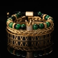 Set de 3 pulseras de lujo para hombre con cuentas de ojo de tigre verde y corona - Conjunto Verde