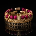 Set de 3 pulseras bañadas en oro de 18k con dijes de corona y números romanos grabados - Rosa Conjunto