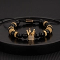 Pulsera de cuentas de ágata negra con corona dorada y micro-pavé de circonitas finas - Pulsera de Cuentas de Piedra Natural Corona Negro