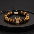 Pulsera de piedra ojo de tigre con corona, cuentas doradas y cordón trenzado negro - Pulsera de Cuentas de Piedra Natural Corona Marrón