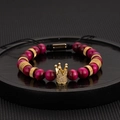 Pulsera de cuentas ojo de tigre rojo rosa con colgante corona dorada y cordón negro - Pulsera de Cuentas de Piedra Natural Corona Rosa