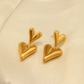 Pendientes de doble corazón en acero inoxidable chapado en oro 18k con acabado pulido - Doble Corazón Conectado 3D (EHF104)