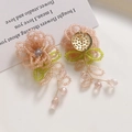 Boucles d'oreilles fleurs en cristal rose tissées main avec perles de feuilles vertes - Rose
