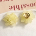 Detail of matte floral earrings with yellow petals and golden filigree metal base back - Yellow
