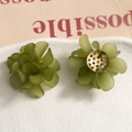 Detail of matte olive green floral earrings with textured petals and golden metal base - Dark Green