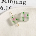 Macro shot of matte frosted square glass beads with pink rose and green polka dot patterns - Square (20#) / 1 Piece / Frosted White