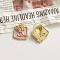Detailed front and back views of square rose alloy charms with pink oil-dripping effect - Pink Square Gold Rose