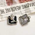 Silver vintage square rose flower charm with black enamel inlay and top hanging ring - Black Square Silver Rose