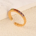 Adjustable gold ring featuring square-cut colored stones and chain texture accents - Colorful Rhinestone Half Chain Style (k-03)