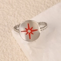 Silver bead band ring featuring a red enamel disc with an eight-pointed star design - Red Explosion Silver Style (k-15)
