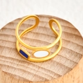 Double-layered gold-plated ring with blue and white enamel geometric accents - White Blue Round Square Style (k-24)